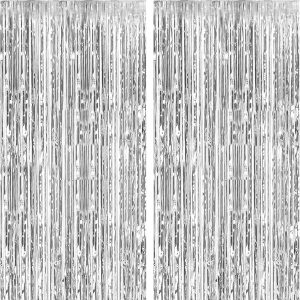 2 Pack Foil Curtain Backdrop Silver Metallic Tinsel